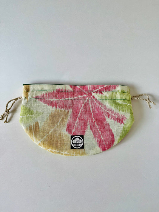 Beige kimono silk pouch with yellow, red, and green momiji motif and hemp drawstrings