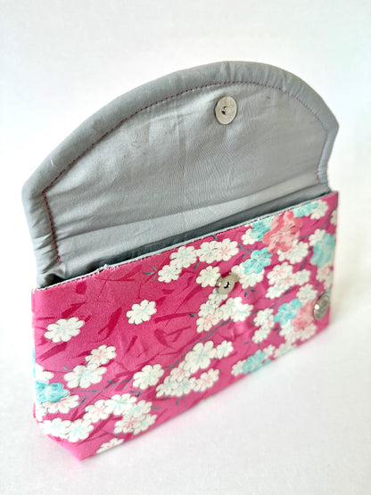 Hand stitched seam detail on kimono silk bag with sakura motif