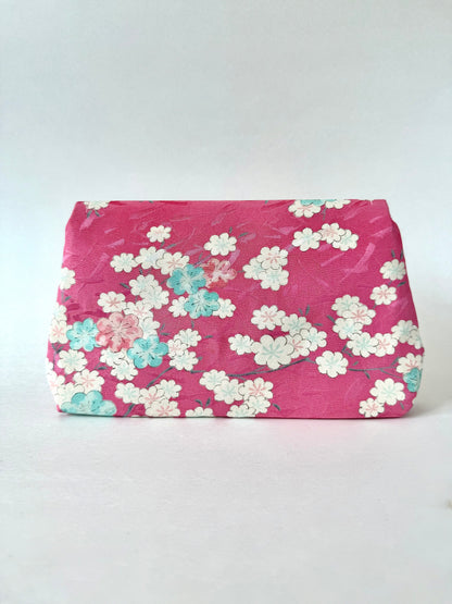 Backside view of clutch bag made from pink kimono silk