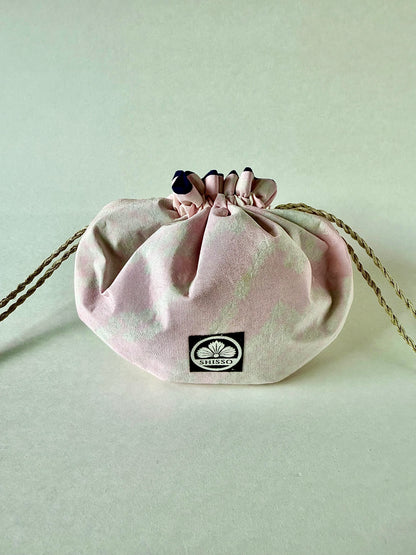 Pink kimono silk drawstring pouch cinched with hemp cords