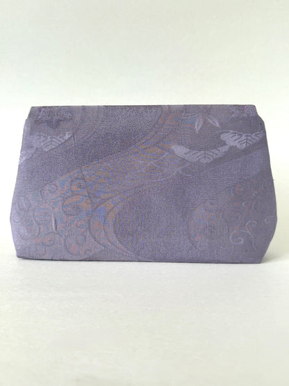 Back view of purple kimono chirimen silk clutch with floral and wagara patterns