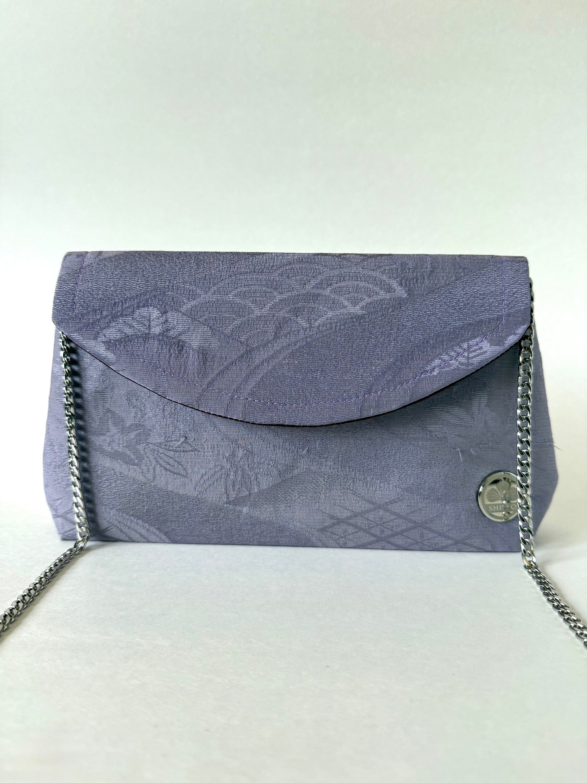 Purple kimono chirimen silk fold over clutch bag with silver colored metal chain 