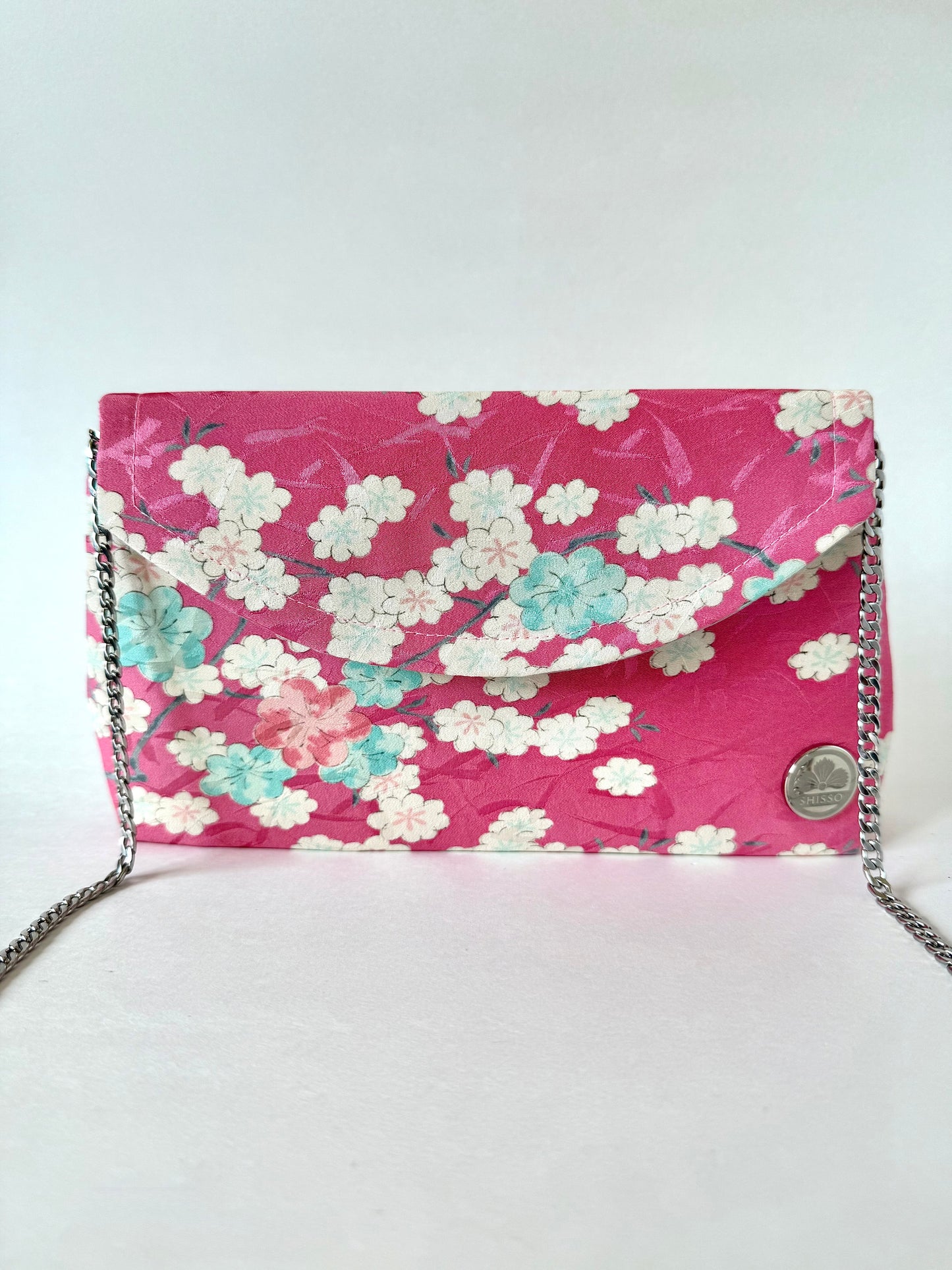 Pink kimono silk clutch bag with sakura flowers and detachable metal chain strap