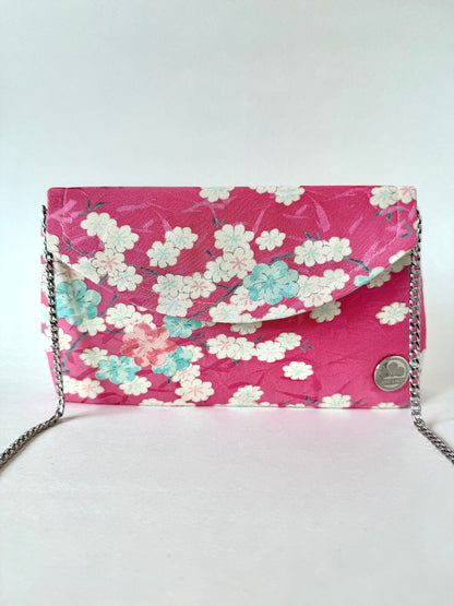 Pink kimono silk clutch bag with sakura flowers and detachable metal chain strap