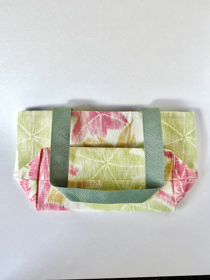 Backside of folded kimono silk tote bag laying flat showing sewn seams