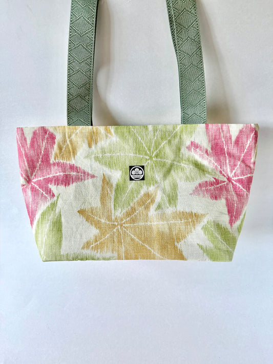 vintage kimono silk tote bag with autumn hues of green, red, and yellow maple leaf pattern