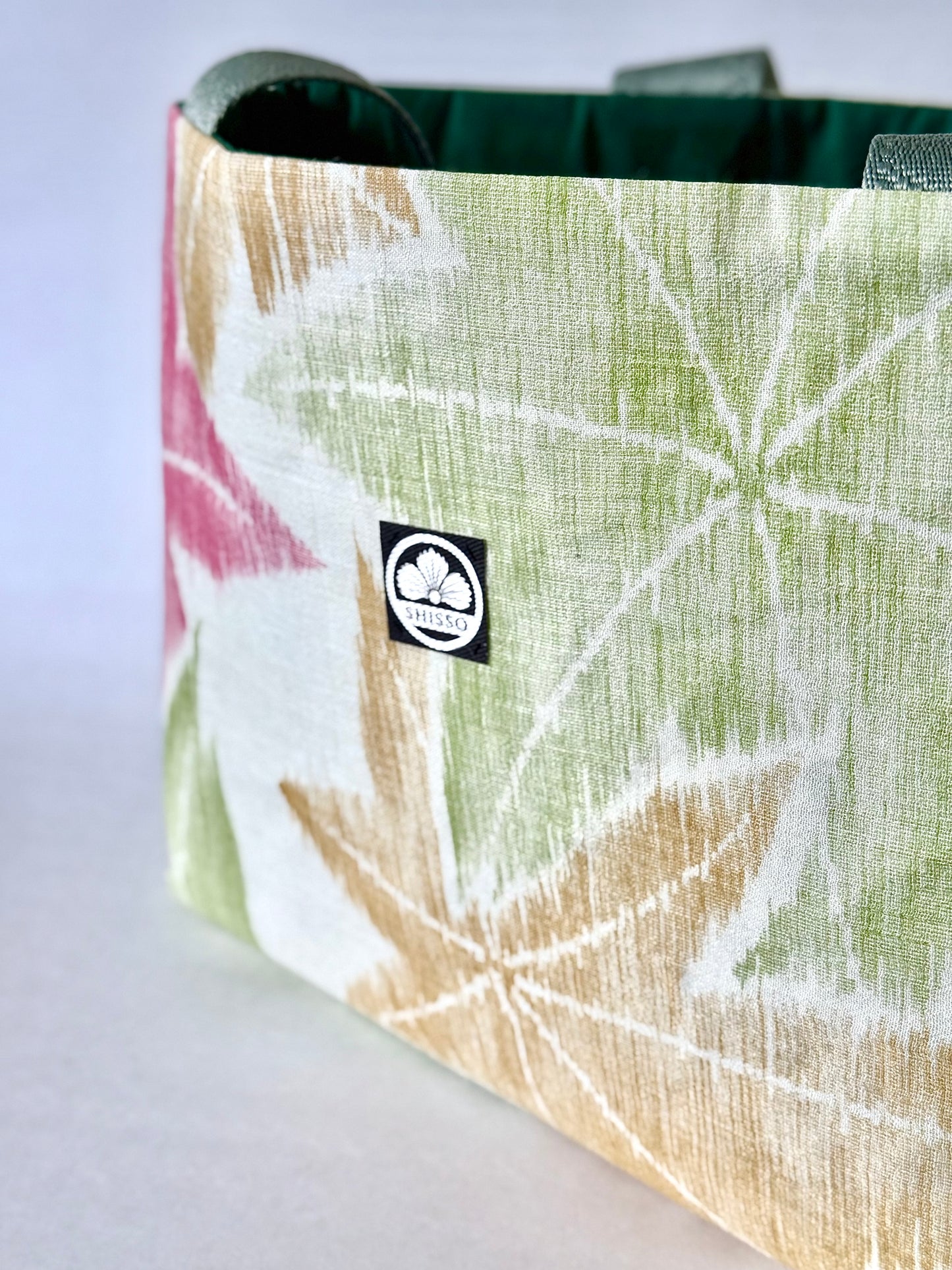 Close up view of woven texture on kimono silk tote bag
