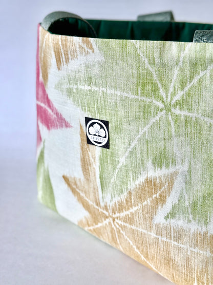 Close up view of woven texture on kimono silk tote bag