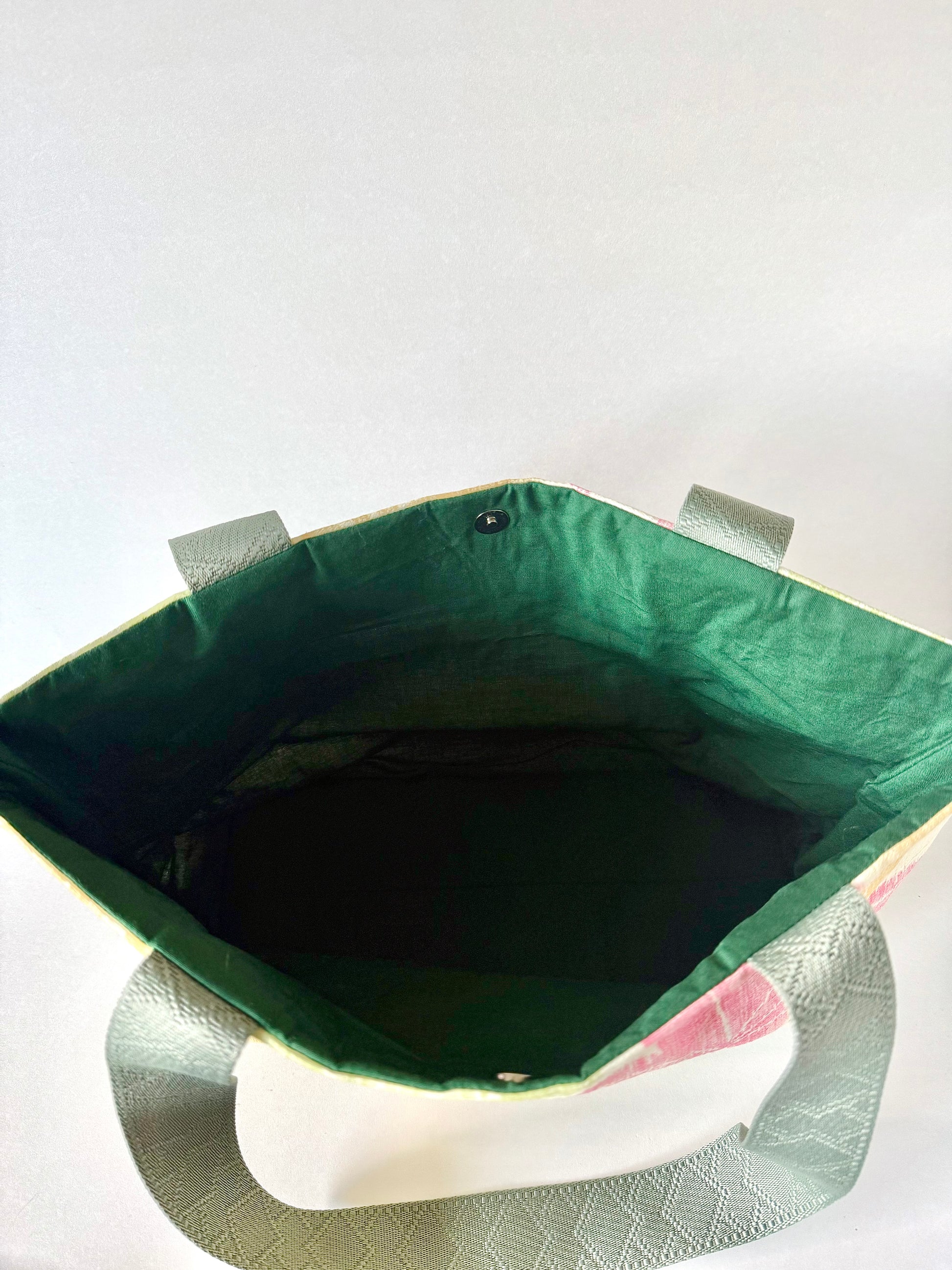 Top view of Shisso Carry Tote with dark green cotton lining and spacious interior visible
