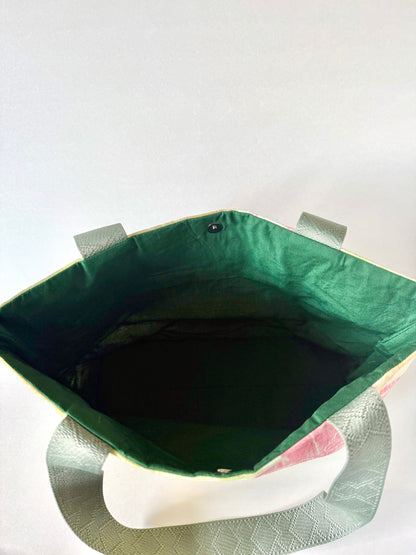 Top view of Shisso Carry Tote with dark green cotton lining and spacious interior visible
